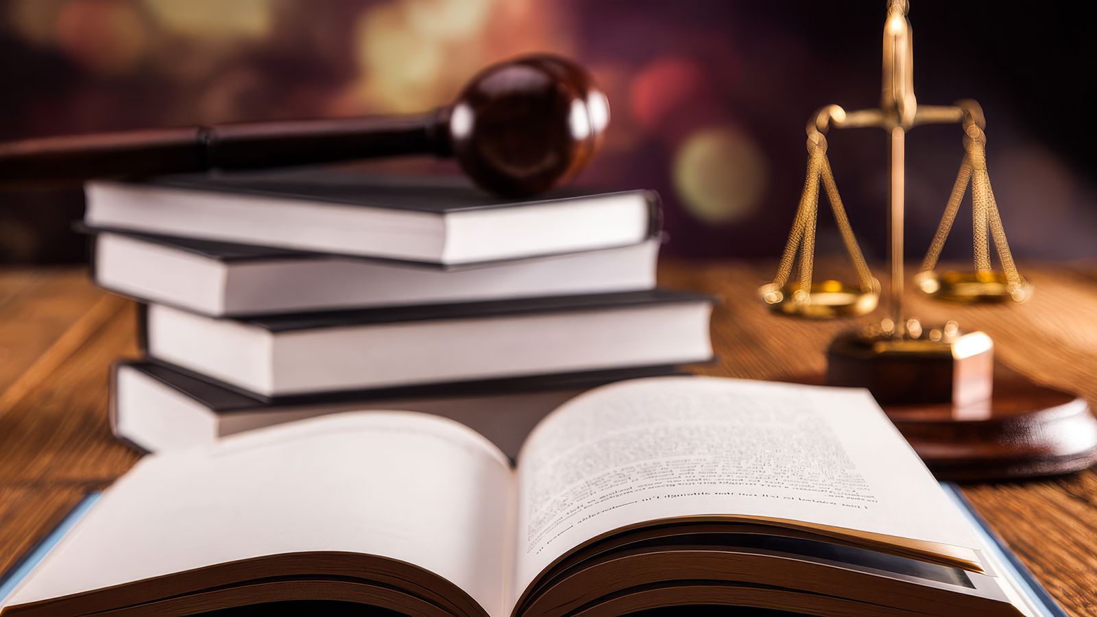 Balanza de la justicia, un mazo judicial y libros de derecho